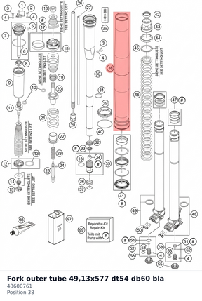 Diagram preview: Fork outer tube 49,13x577 dt54 db60 bla (48600761)