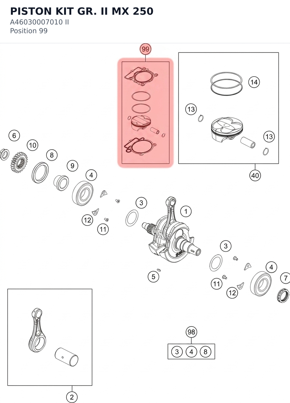 Diagram preview: PISTON KIT GR. II MX 250 (A46030007010 II)
