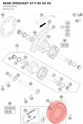 Diagram preview: REAR SPROCKET 47-T  85 SX   03 (47010051047)