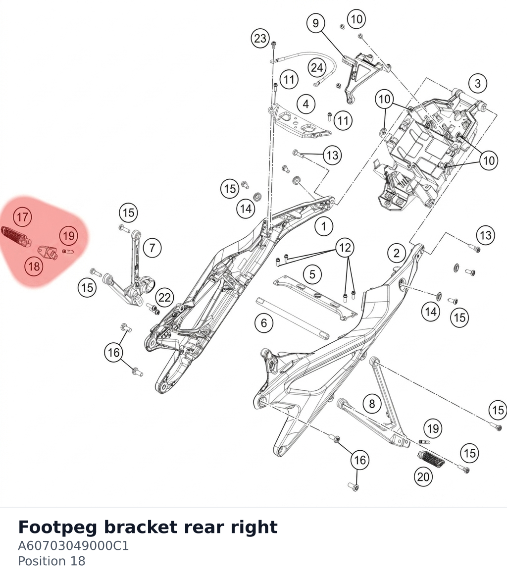 Diagram preview: Footpeg bracket rear right (A60703049000C1)
