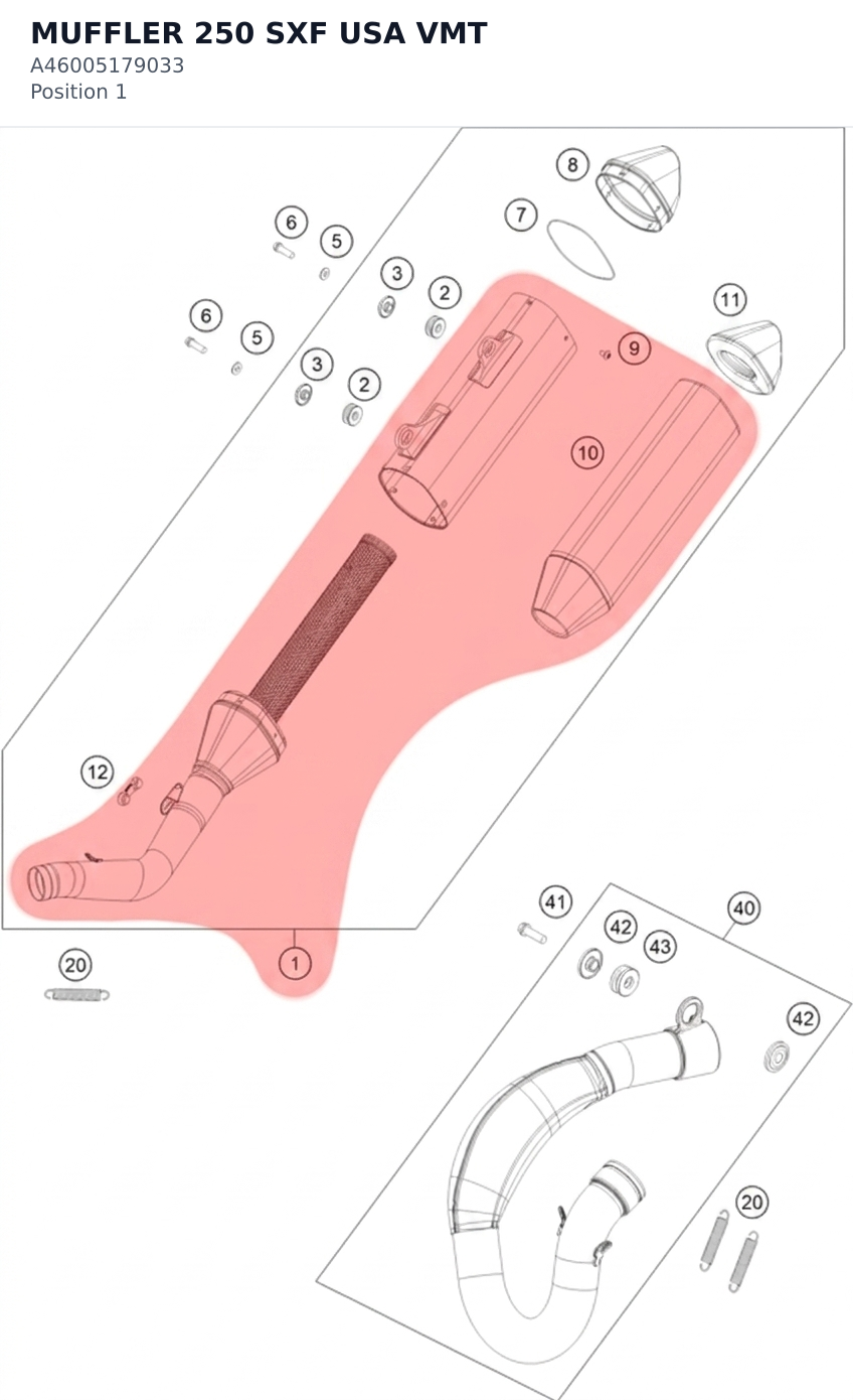 Diagram preview: MUFFLER 250 SXF USA VMT (A46005179033)