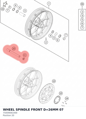 Diagram preview: WHEEL SPINDLE FRONT D=26MM 07 (75009081000)