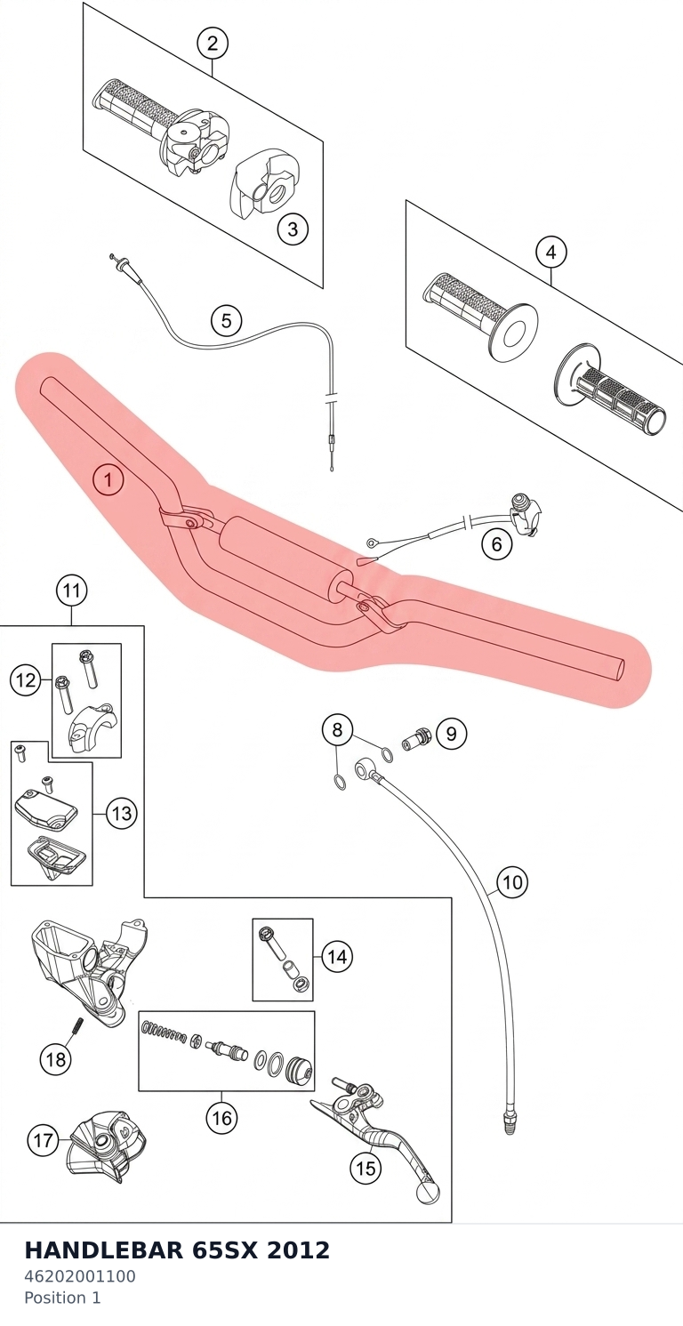 Diagram preview: HANDLEBAR 65SX          2012 (46202001100)