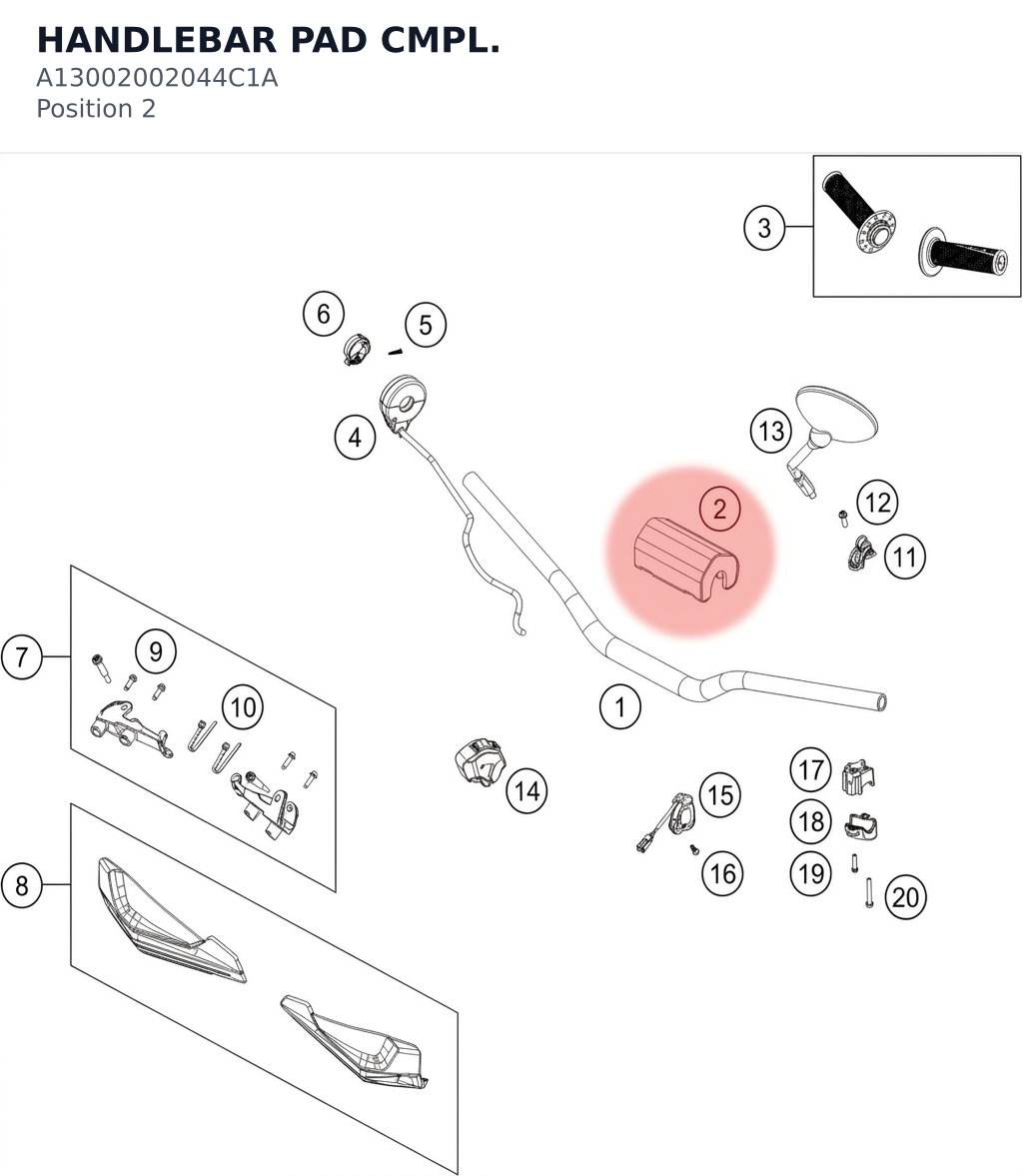 Diagram preview: HANDLEBAR PAD CMPL. (A13002002044C1A)