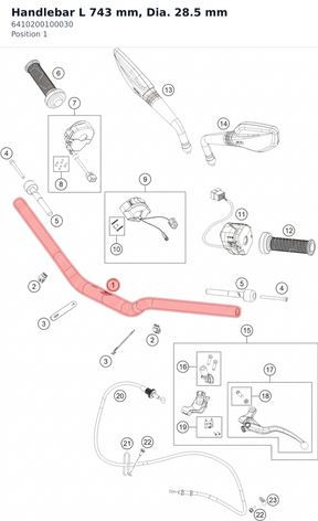 Diagram preview: Handlebar L 743 mm, Dia. 28.5 mm (6410200100030)