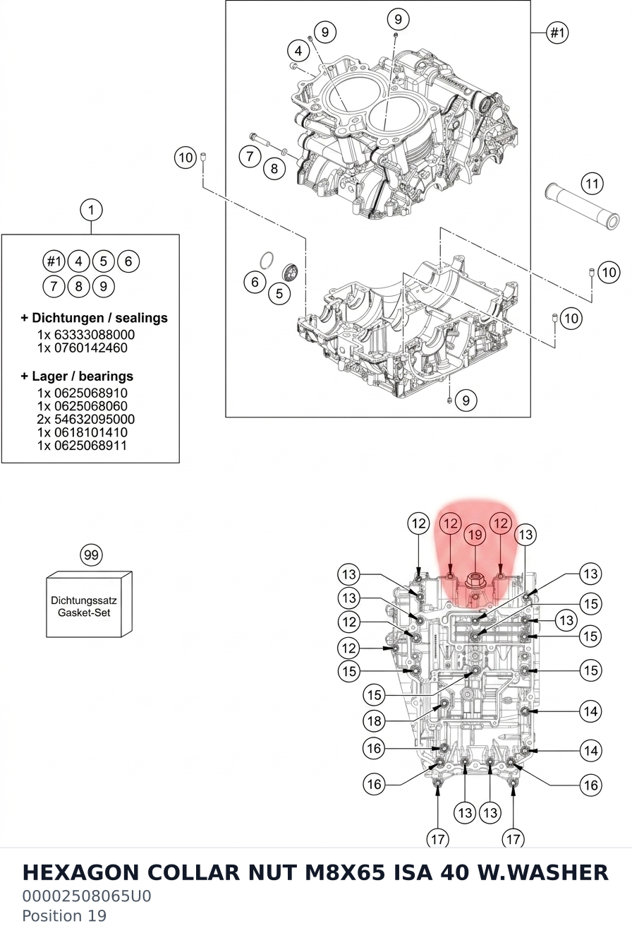 Diagram preview: HEXAGON COLLAR NUT M8X65 ISA 40 W.WASHER (00002508065U0)