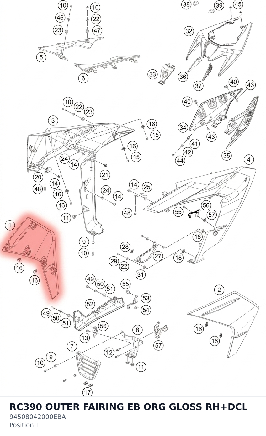 Diagram preview: RC390 OUTER FAIRING EB ORG GLOSS RH+DCL (94508042000EBA)
