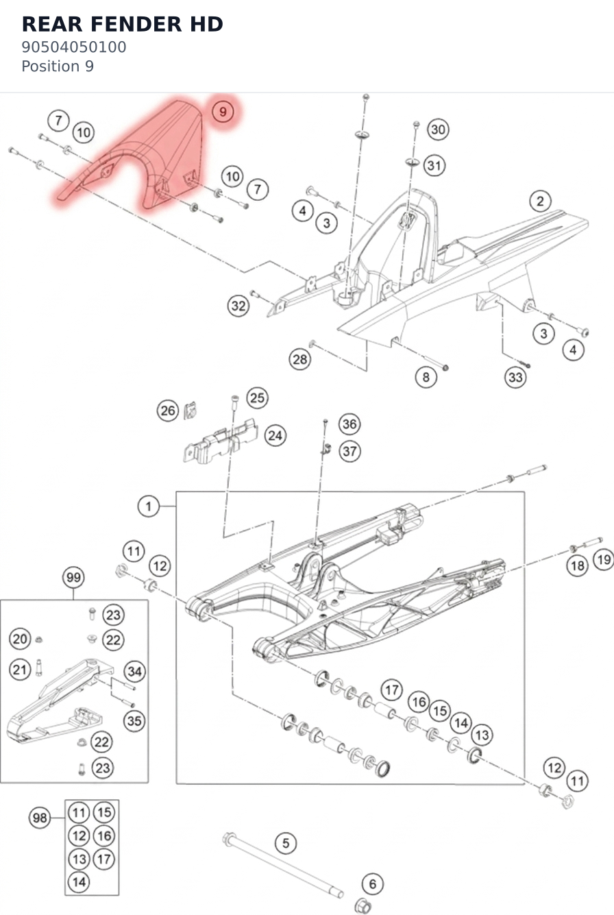 Diagram preview: REAR FENDER HD (90504050100)