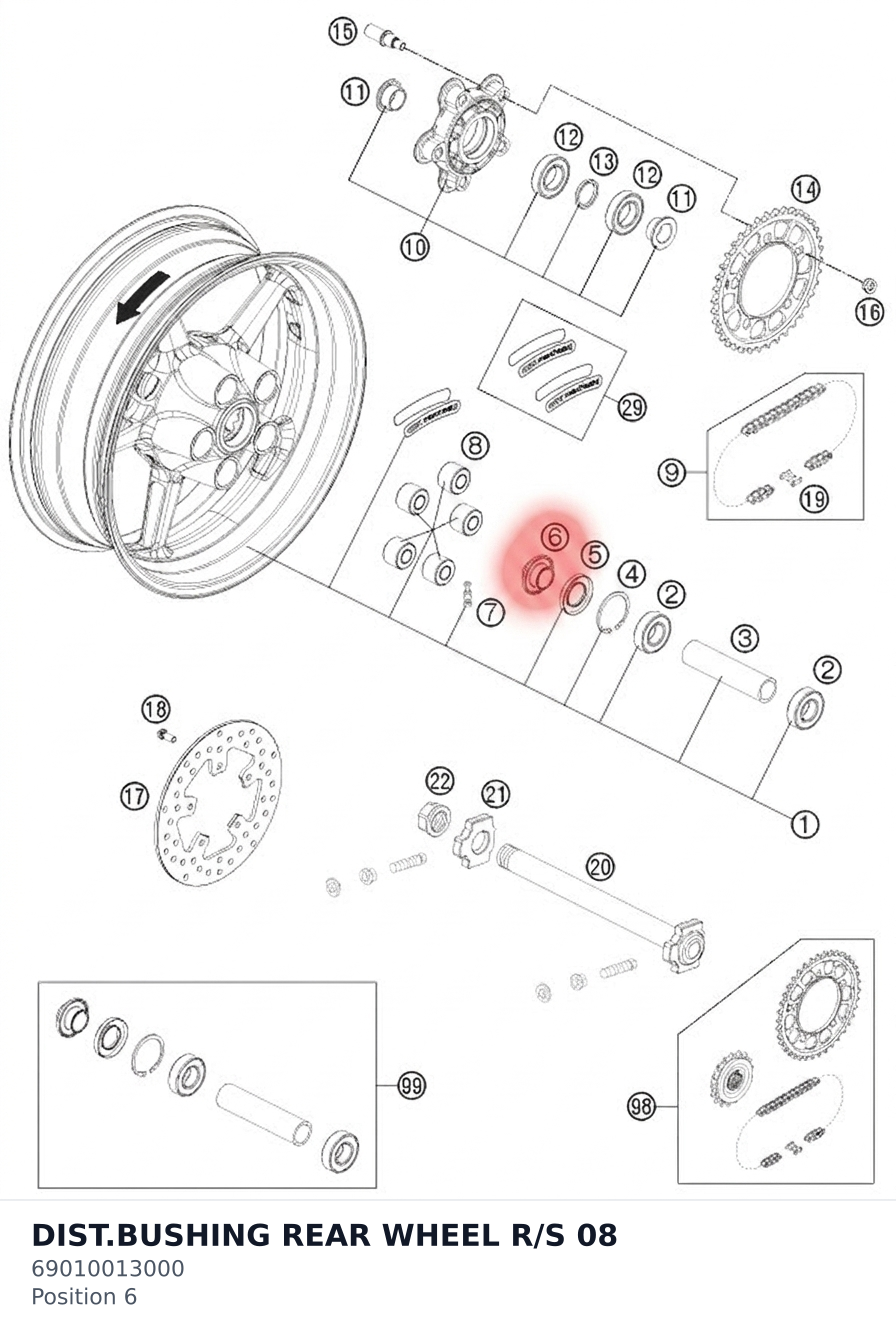 Diagram preview: DIST.BUSHING REAR WHEEL R/S 08 (69010013000)