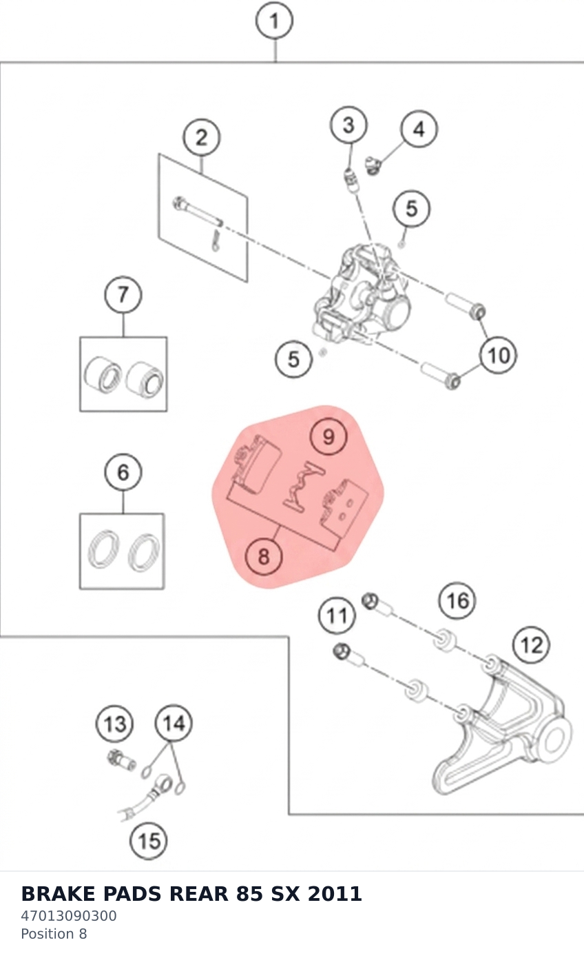 Diagram preview: BRAKE PADS REAR 85 SX 2011 (47013090300)