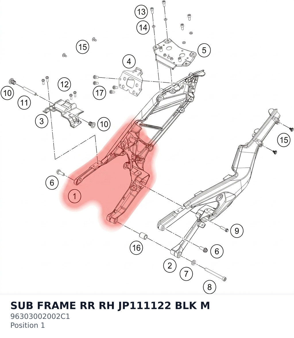 Diagram preview: SUB FRAME RR RH JP111122 BLK M (96303002002C1)
