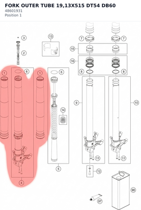 Diagram preview: FORK OUTER TUBE 19,13X515 DT54 DB60 (48601931)