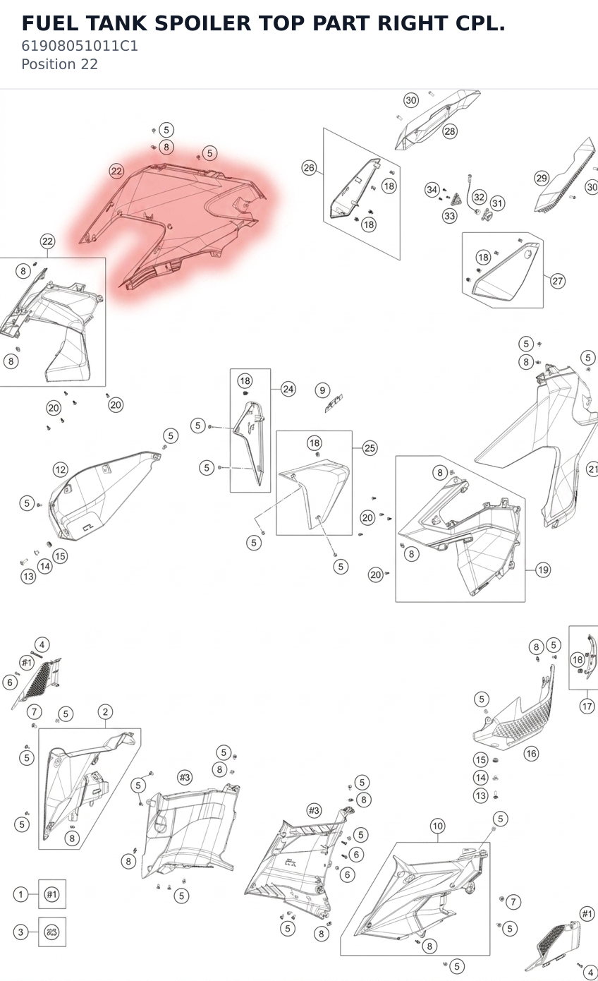 Diagram preview: FUEL TANK SPOILER TOP PART RIGHT CPL. (61908051011C1)