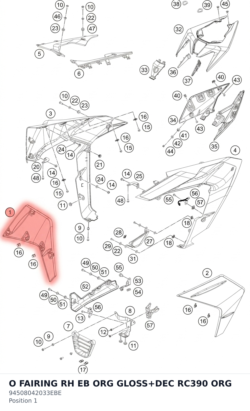 Diagram preview: O FAIRING RH EB ORG GLOSS+DEC RC390 ORG (94508042033EBE)