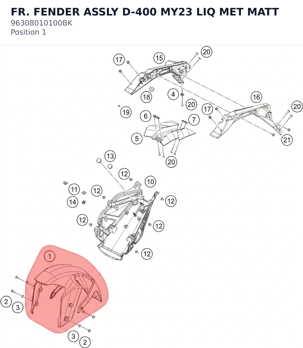 Diagram preview: FR. FENDER ASSLY D-400 MY23 LIQ MET MATT (96308010100BK)