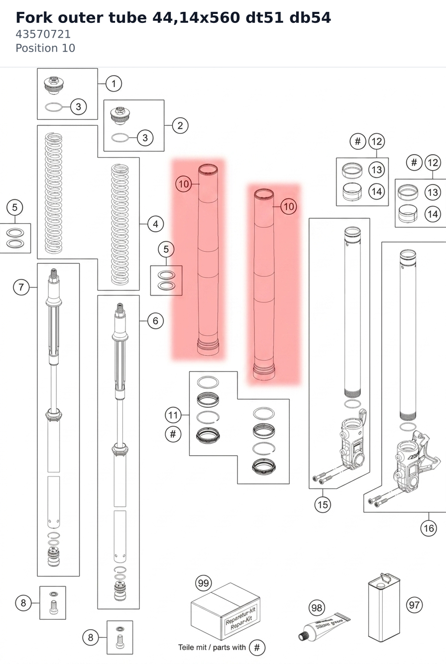 Diagram preview: Fork outer tube 44,14x560 dt51 db54 (43570721)