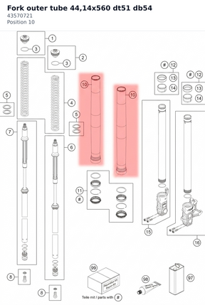 Diagram preview: Fork outer tube 44,14x560 dt51 db54 (43570721)