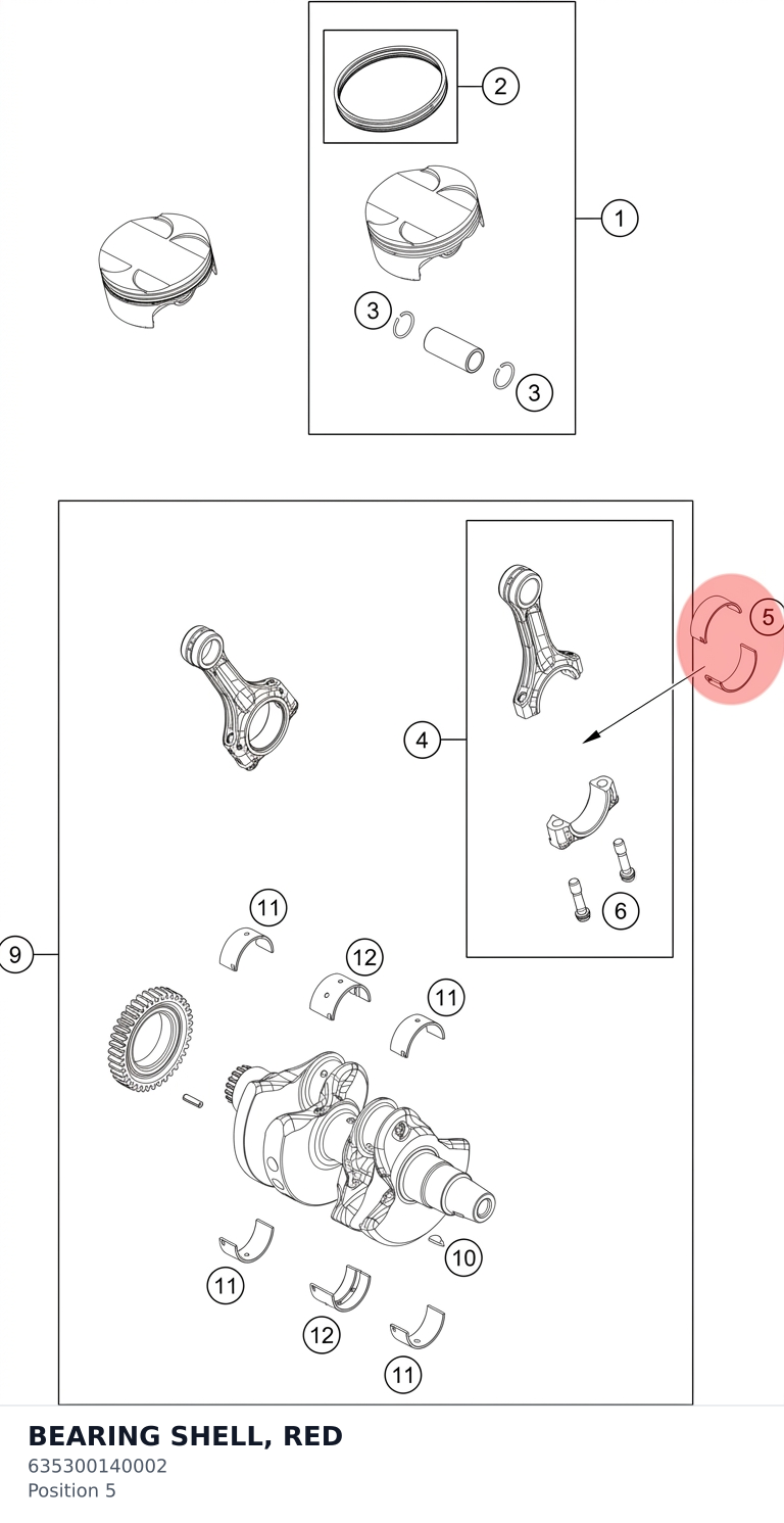Diagram preview: BEARING SHELL, RED (635300140002)