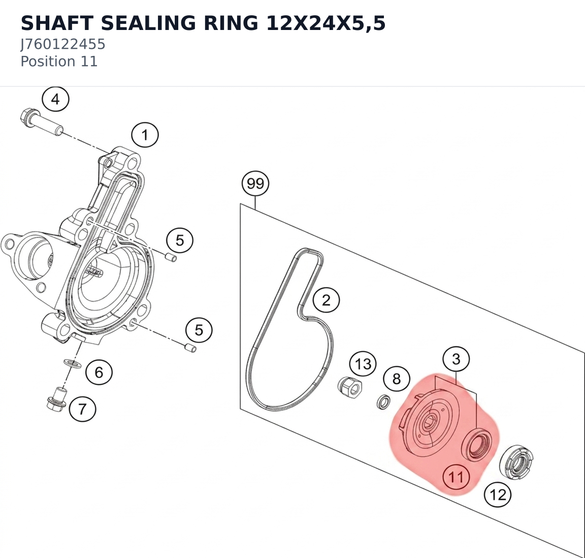 Diagram preview: SHAFT SEALING RING 12X24X5,5 (J760122455)