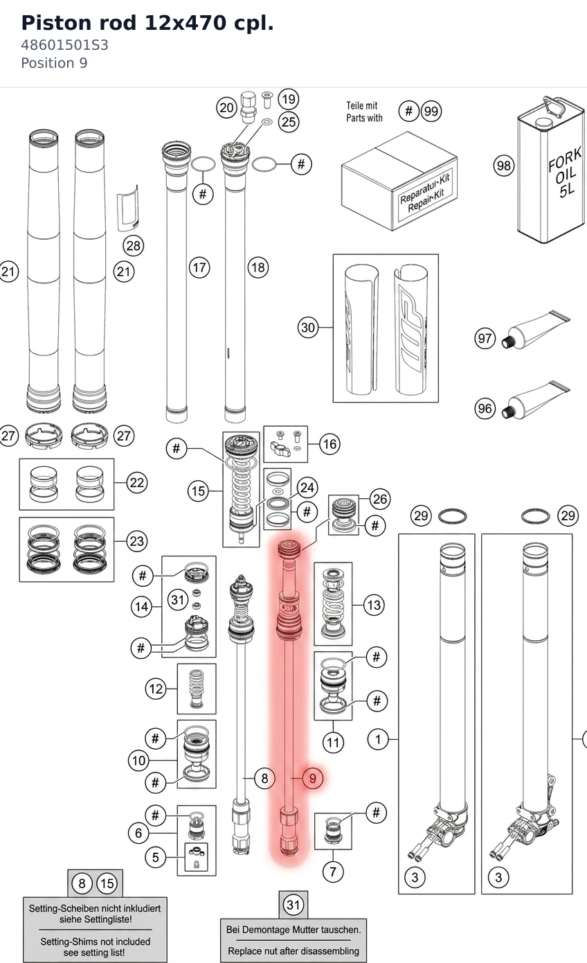 Diagram preview: Piston rod 12x470 cpl. (48601501S3)