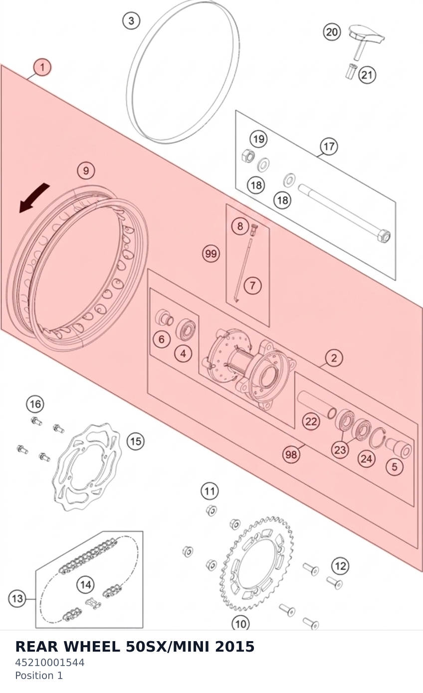 Diagram preview: REAR WHEEL 50SX/MINI 2015 (45210001544)
