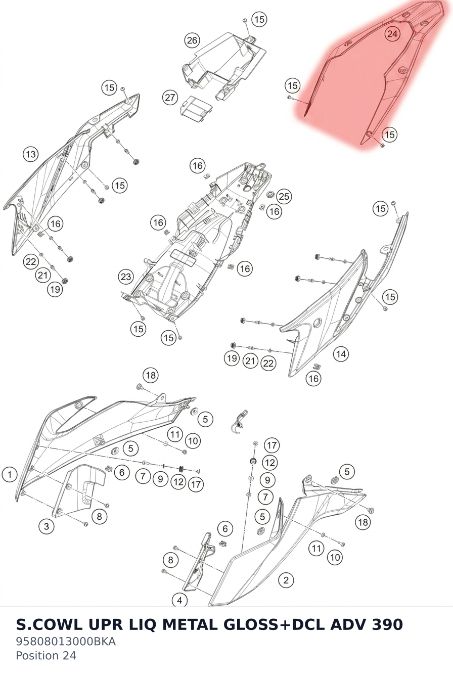 Diagram preview: S.COWL UPR LIQ METAL GLOSS+DCL ADV 390 (95808013000BKA)