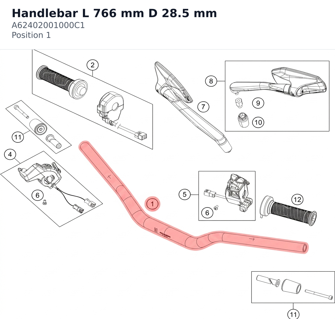 Diagram preview: Handlebar L 766 mm D 28.5 mm (A62402001000C1)