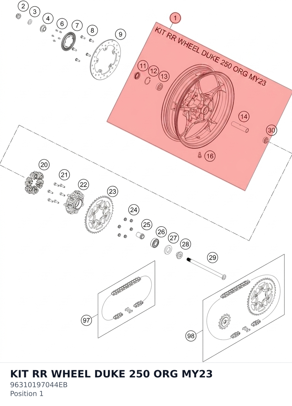 Diagram preview: KIT RR WHEEL DUKE 250 ORG MY23 (96310197044EB)
