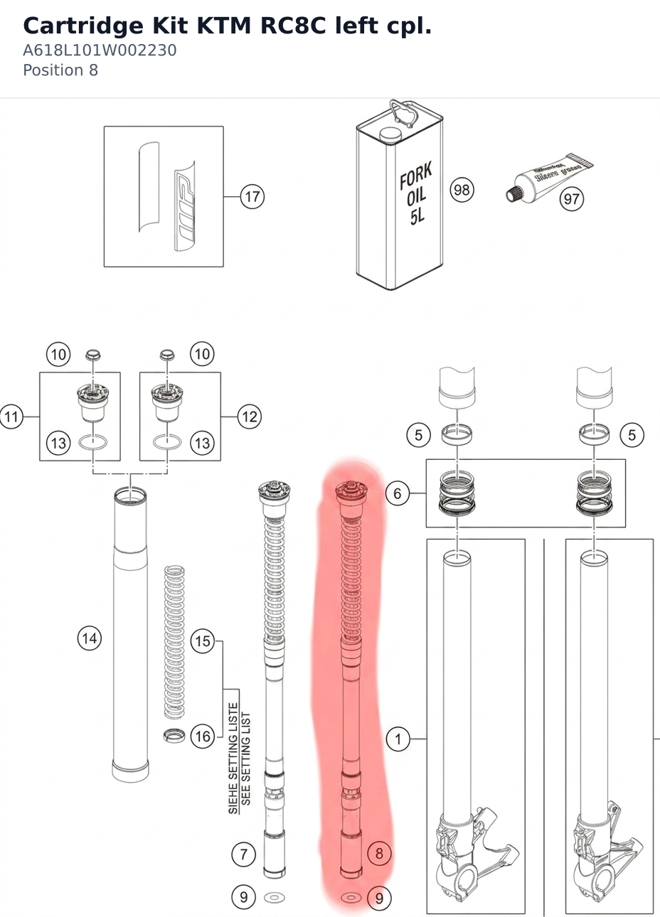 Diagram preview: Cartridge Kit KTM RC8C left cpl. (A618L101W002230)