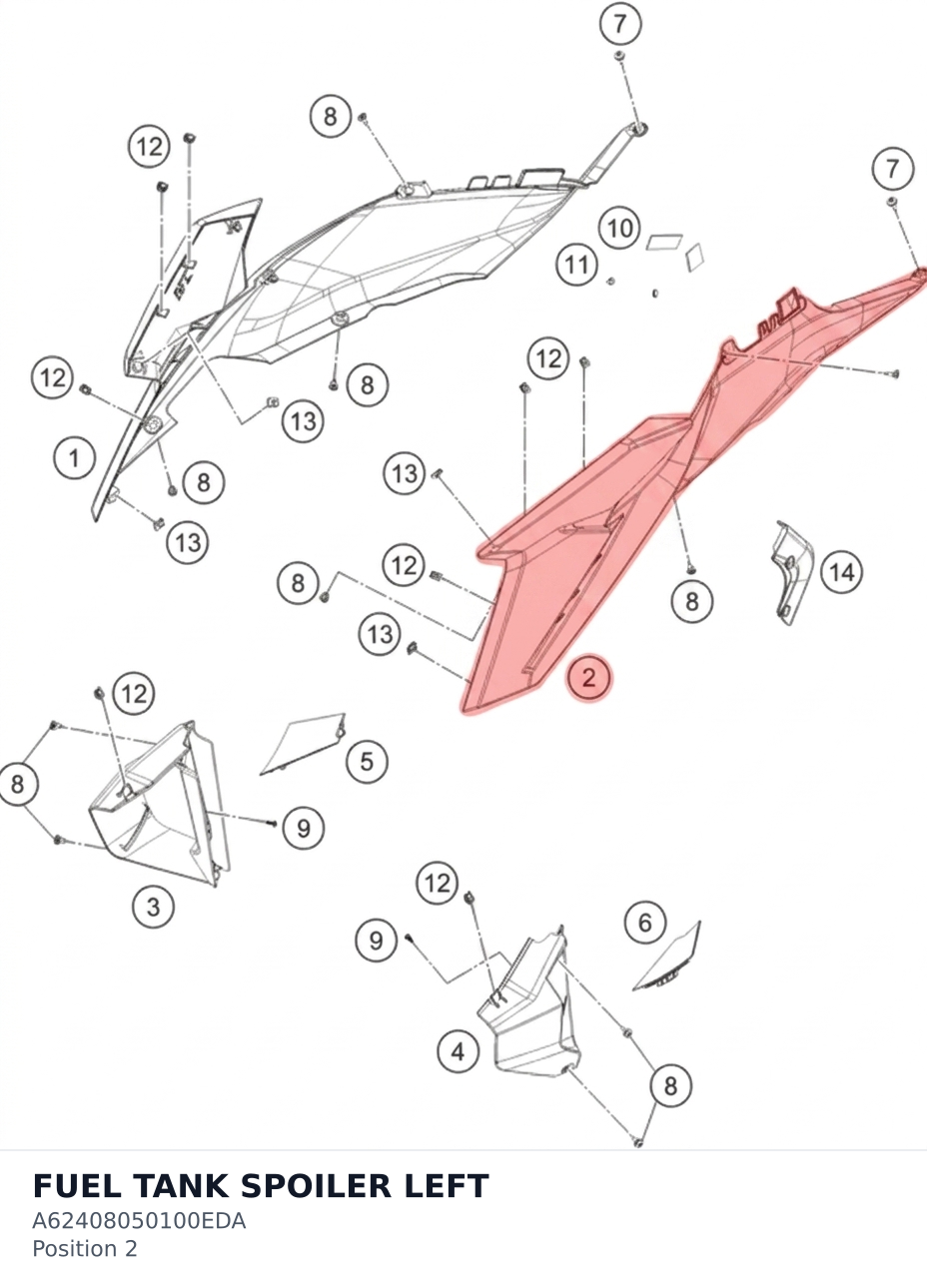 Diagram preview: FUEL TANK SPOILER LEFT (A62408050100EDA)