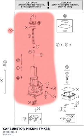 Diagram preview: CARBURETOR MIKUNI TMX38 (50431101044)