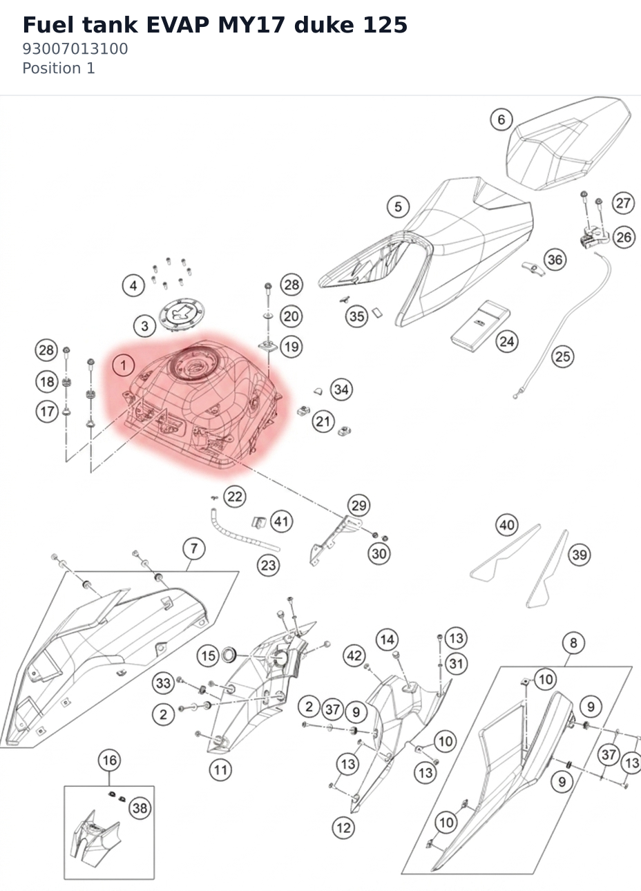 Diagram preview: Fuel tank EVAP MY17 duke 125 (93007013100)