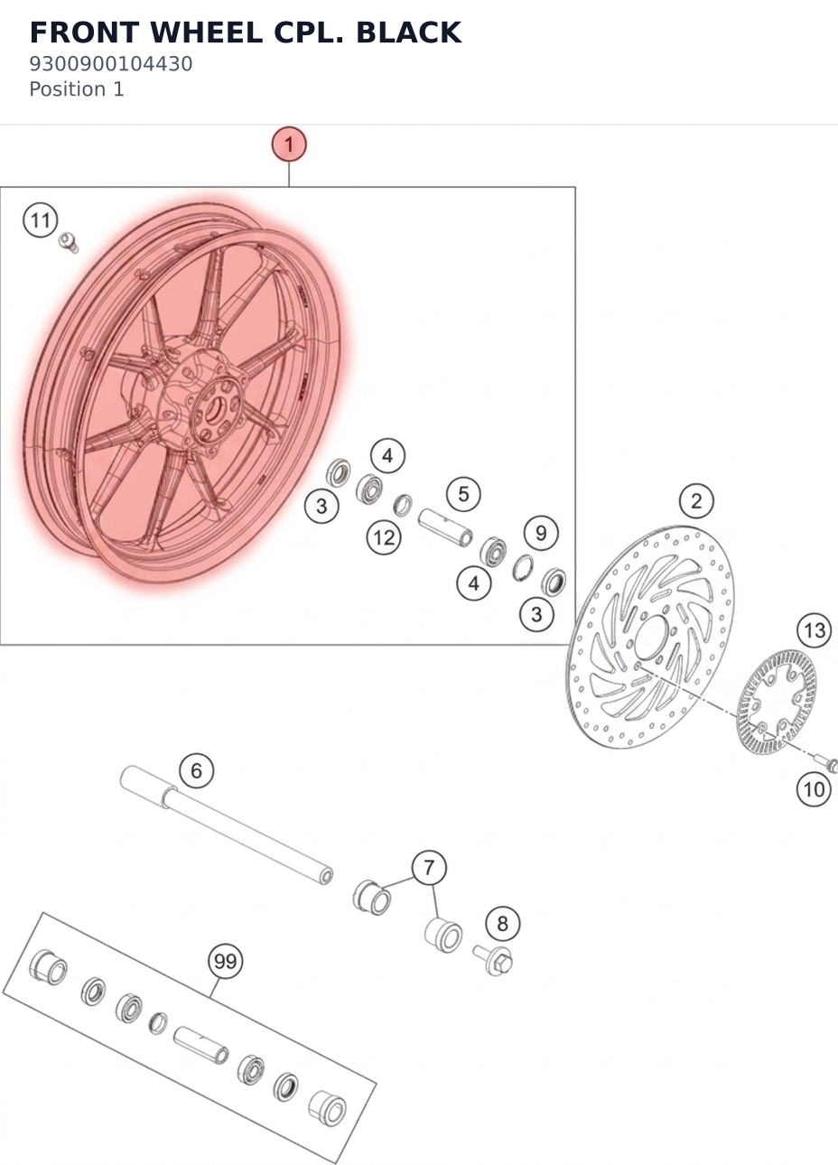 Diagram preview: FRONT WHEEL CPL. BLACK (9300900104430)