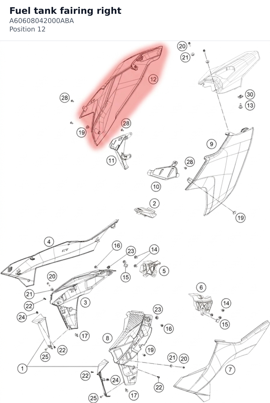Diagram preview: Fuel tank fairing right (A60608042000ABA)