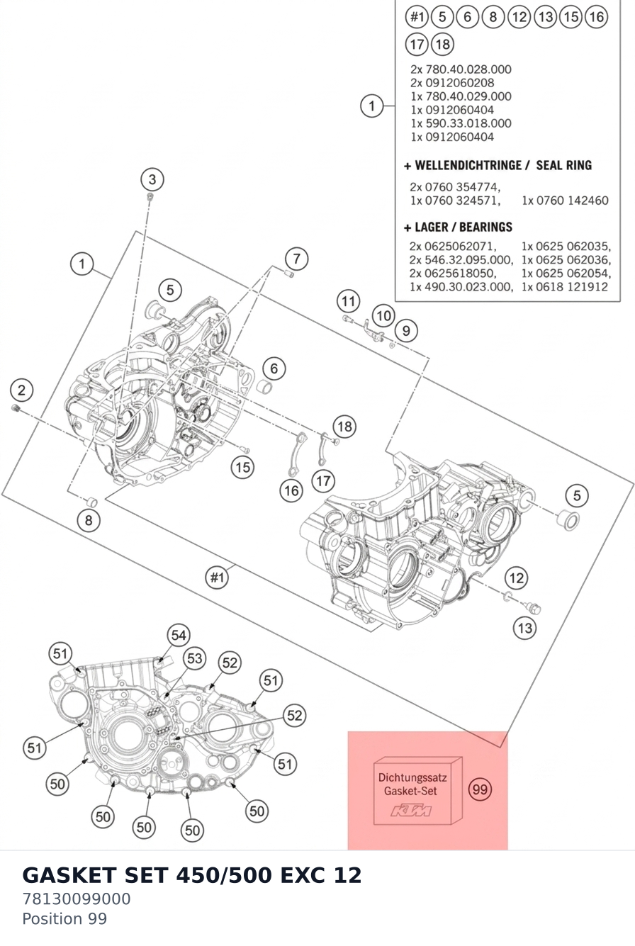 Diagram preview: GASKET SET 450/500 EXC      12 (78130099000)