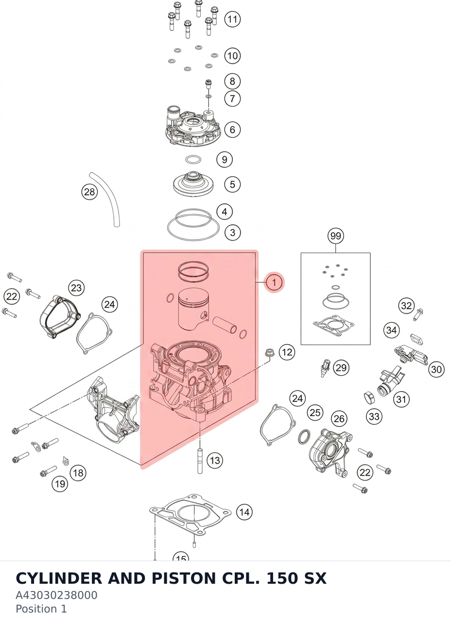 Diagram preview: CYLINDER AND PISTON CPL. 150 SX (A43030238000)
