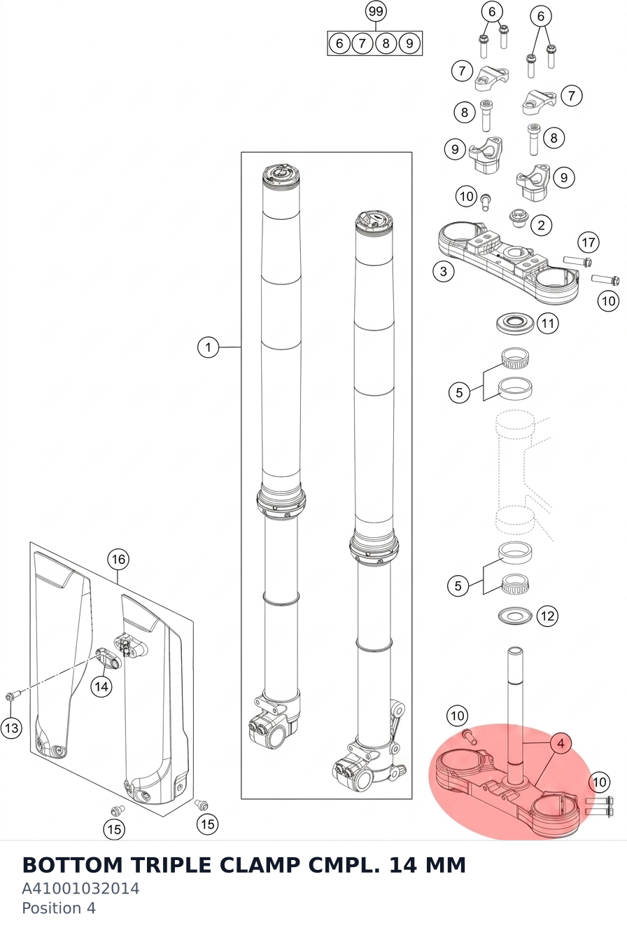 Diagram preview: BOTTOM TRIPLE CLAMP CMPL. 14 MM (A41001032014)