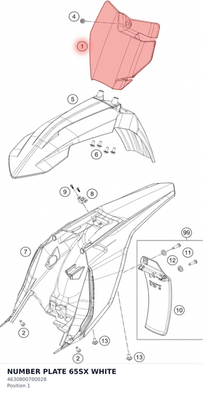 Diagram preview: NUMBER PLATE 65SX WHITE (4630800700028)