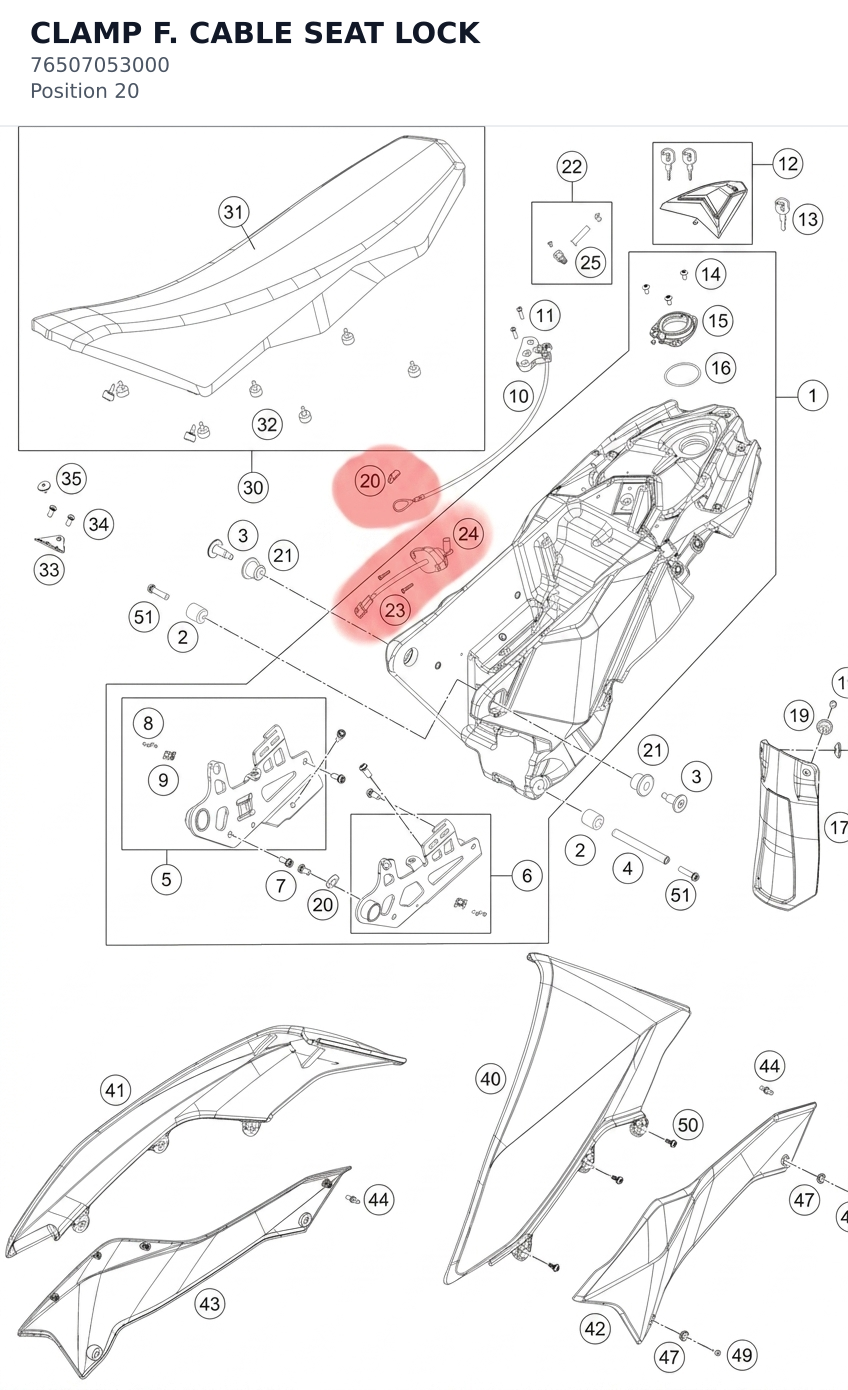 Diagram preview: CLAMP F. CABLE SEAT LOCK (76507053000)