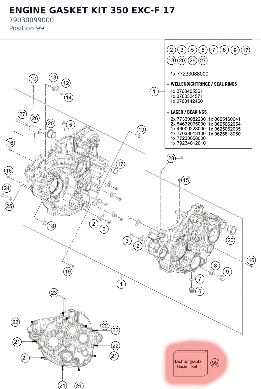 Diagram preview: ENGINE GASKET KIT 350 EXC-F 17 (79030099000)