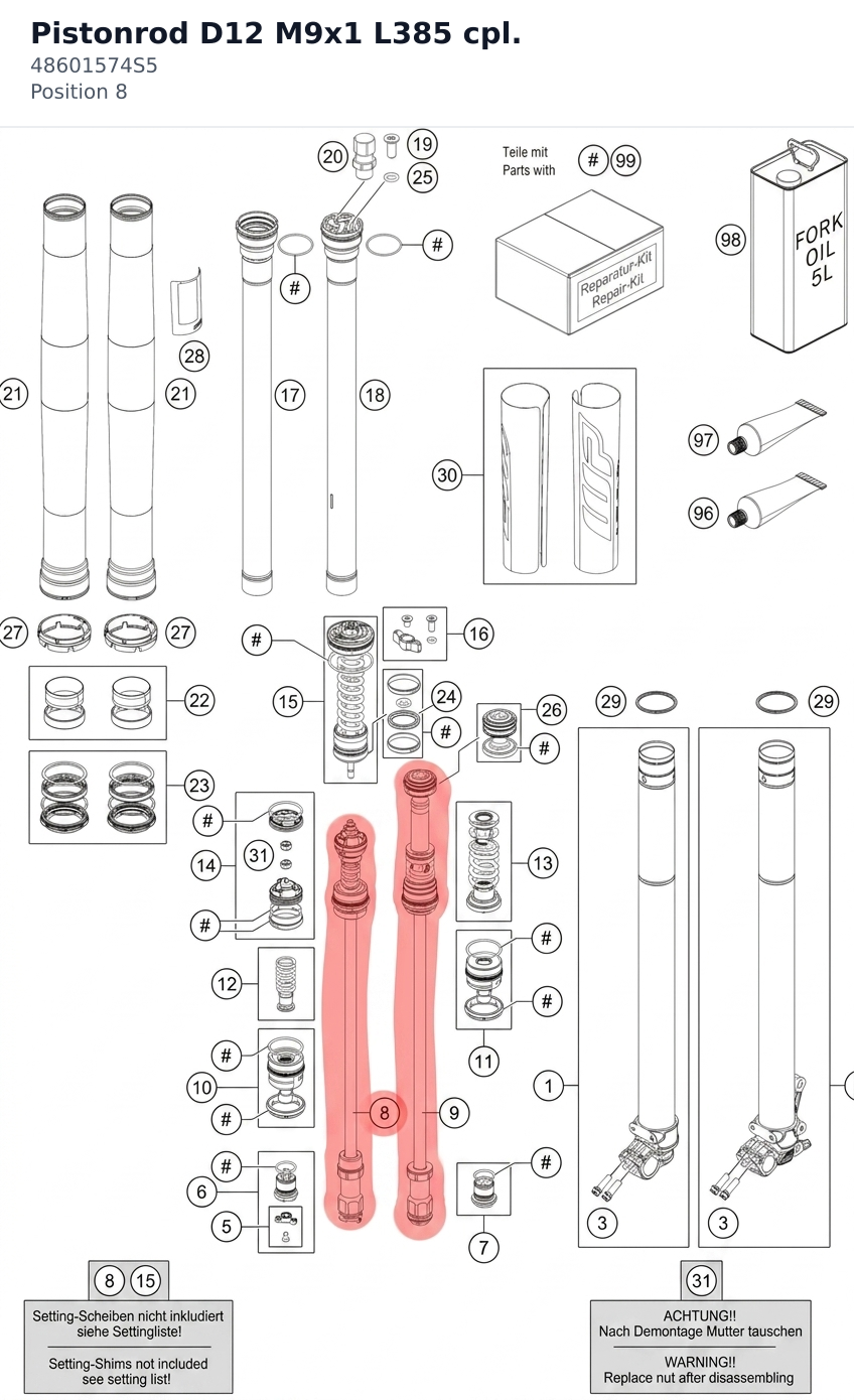 Diagram preview: Pistonrod D12 M9x1 L385 cpl. (48601574S5)