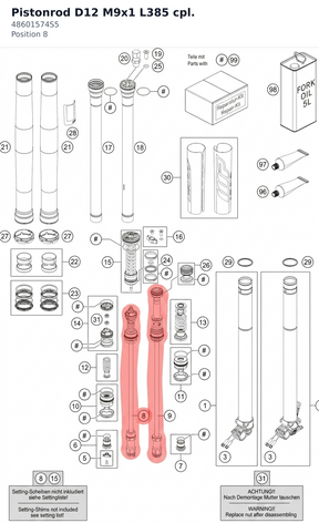 Diagram preview: Pistonrod D12 M9x1 L385 cpl. (48601574S5)