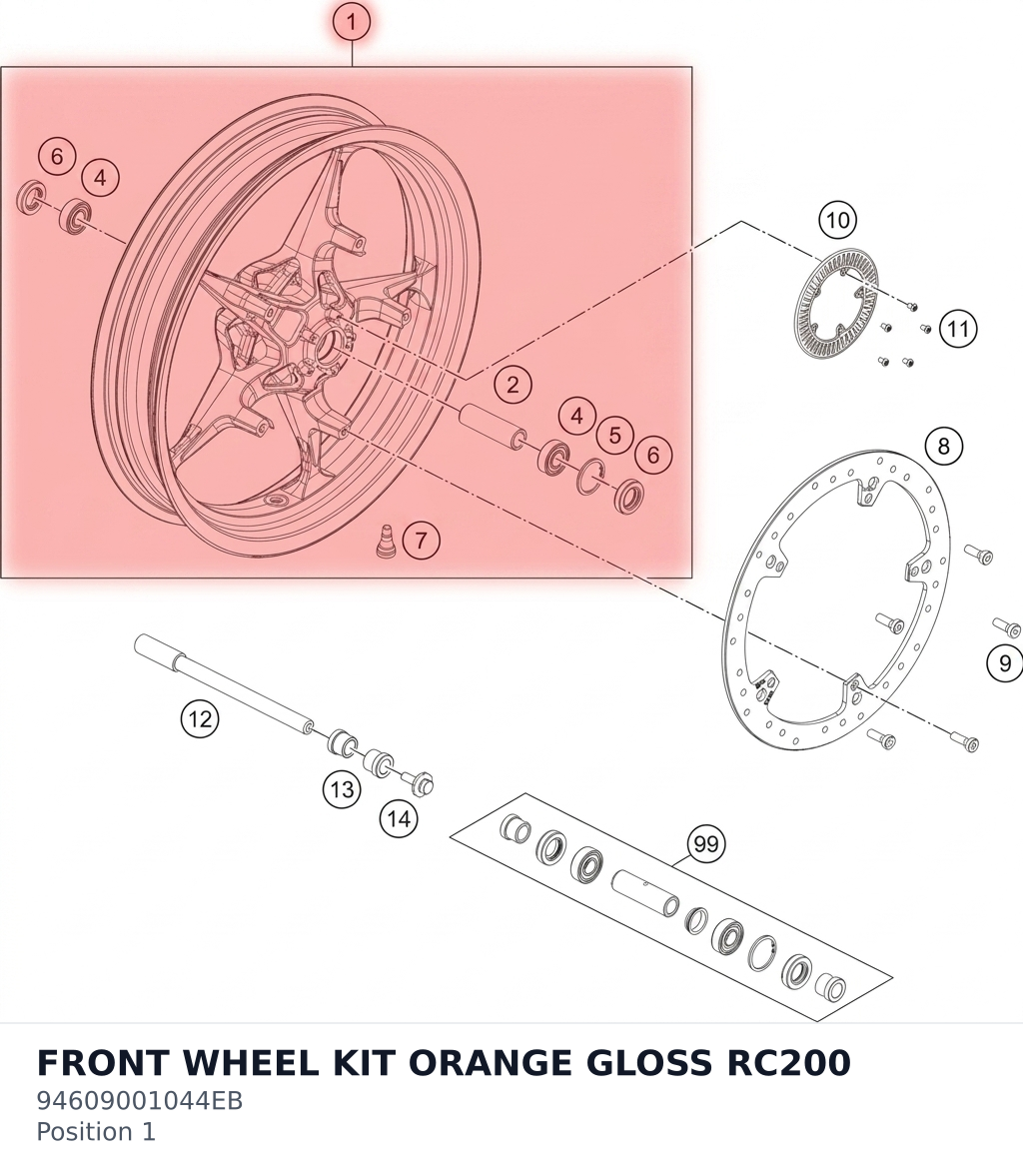 Diagram preview: FRONT WHEEL KIT ORANGE GLOSS RC200 (94609001044EB)