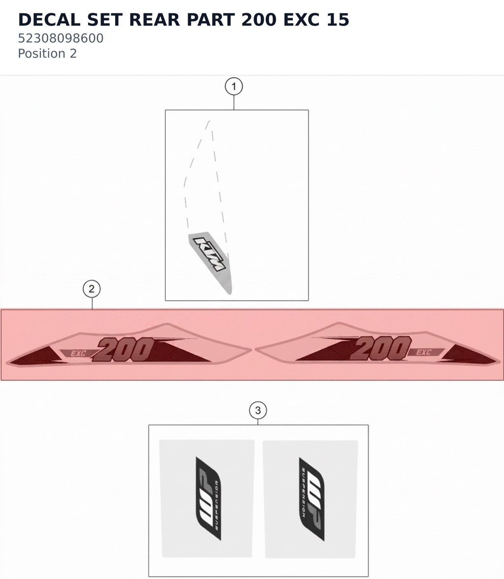 Diagram preview: DECAL SET REAR PART 200 EXC 15 (52308098600)