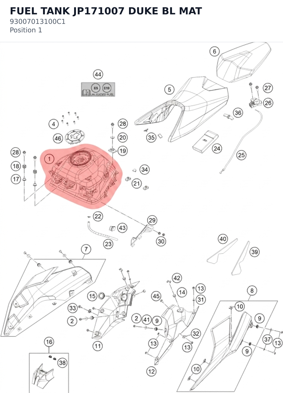 Diagram preview: FUEL TANK JP171007 DUKE BL MAT (93007013100C1)