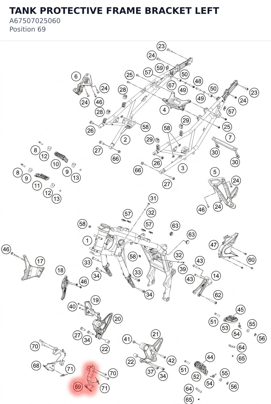 Diagram preview: TANK PROTECTIVE FRAME BRACKET LEFT (A67507025060)