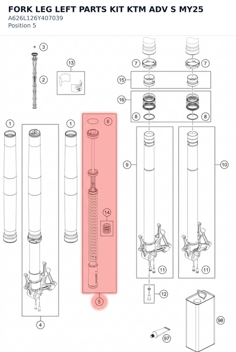 Diagram preview: FORK LEG LEFT PARTS KIT KTM ADV S MY25 (A626L126Y407039)