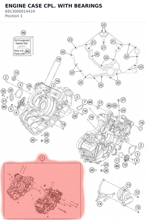 Diagram preview: ENGINE CASE CPL. WITH BEARINGS (6913000014424)