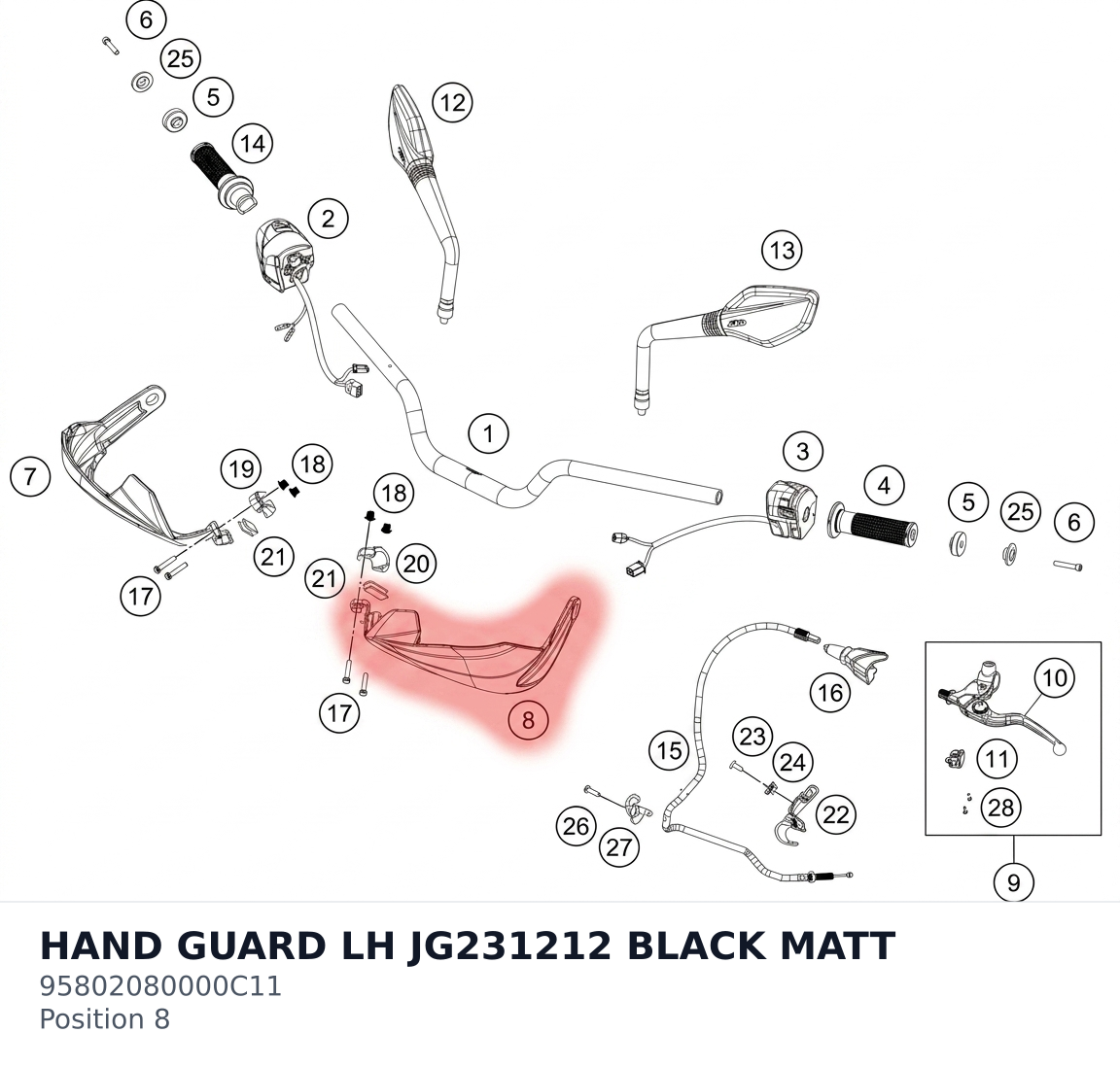 Diagram preview: HAND GUARD LH JG231212 BLACK MATT (95802080000C11)