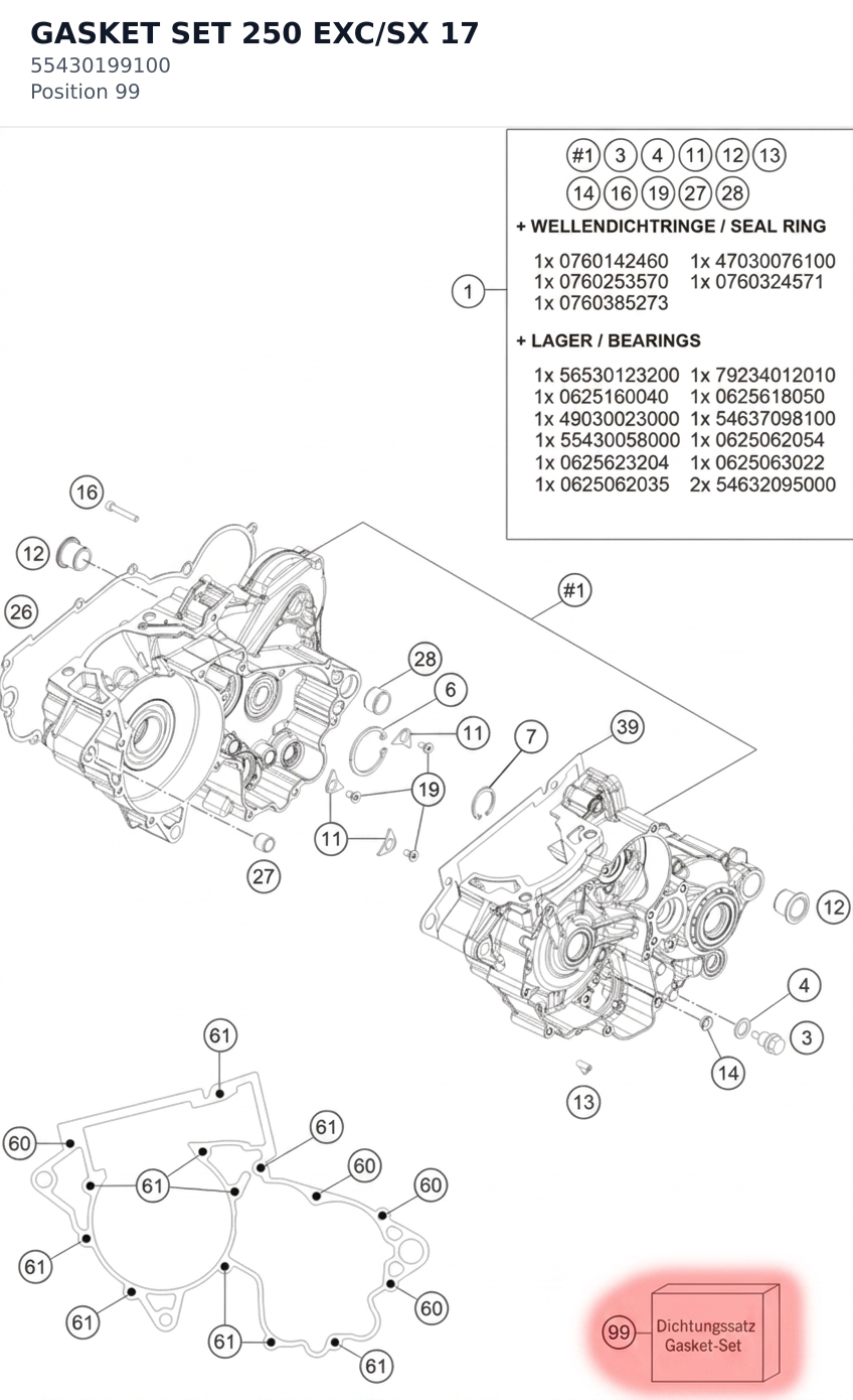 Diagram preview: GASKET SET 250 EXC/SX 17 (55430199100)